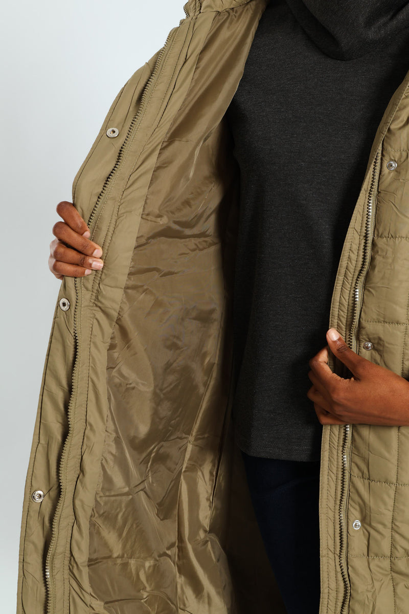 Long Length Belted Padded Puffer Jacket - Green