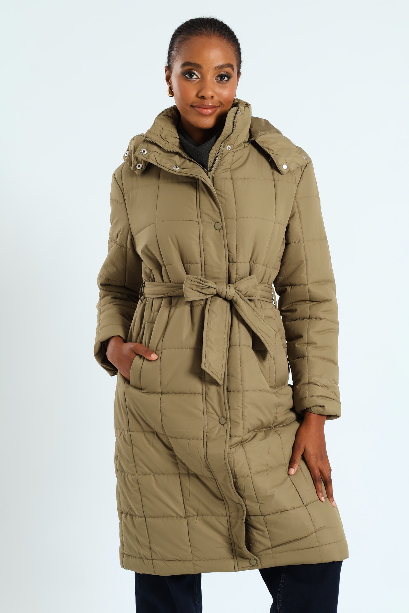 Ladies Long Length Belted Padded Puffer Jacket - Green – Edgars