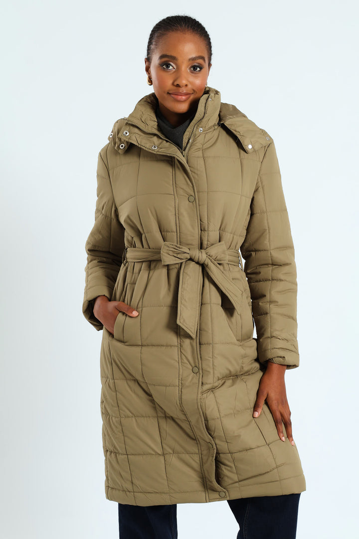 Long Length Belted Padded Puffer Jacket - Green