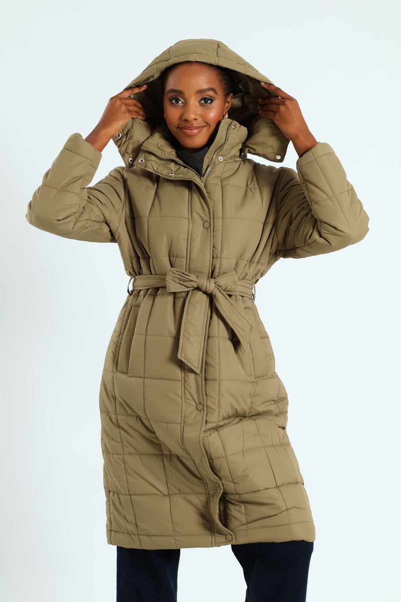 Long Length Belted Padded Puffer Jacket - Green