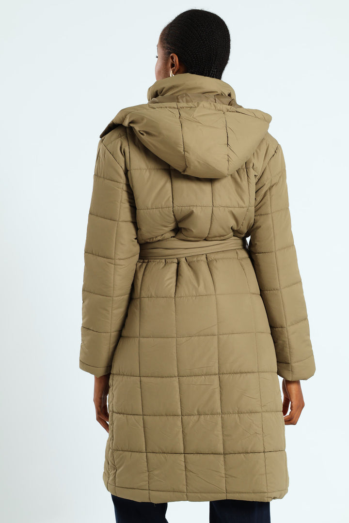 Long Length Belted Padded Puffer Jacket - Green