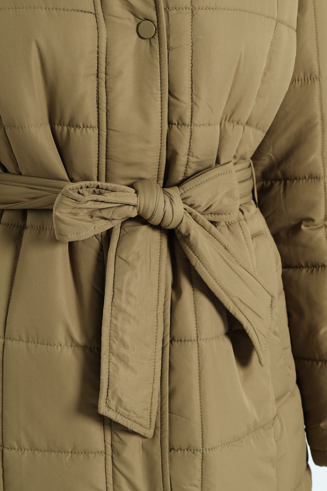 Long Length Belted Padded Puffer Jacket - Green