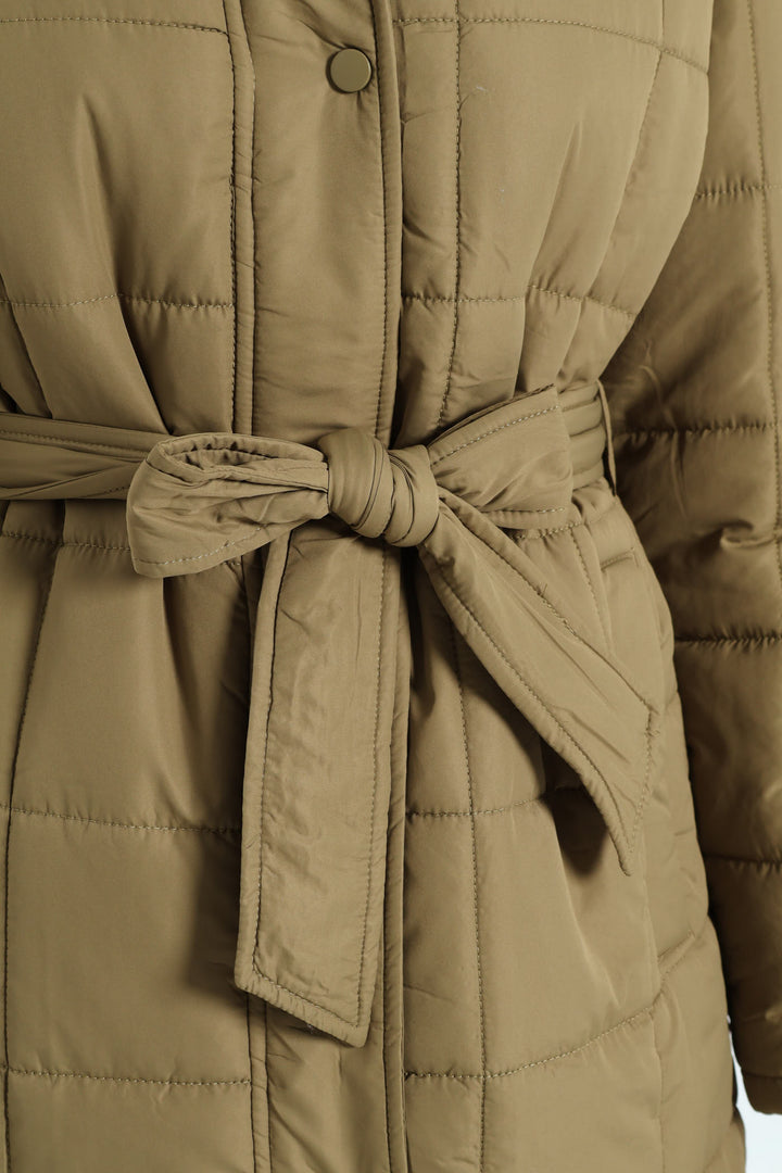 Long Length Belted Padded Puffer Jacket - Green