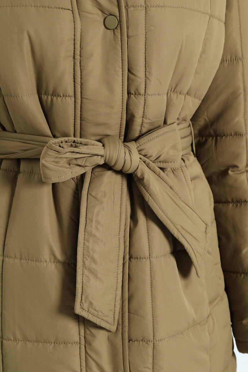 Long Length Belted Padded Puffer Jacket - Green