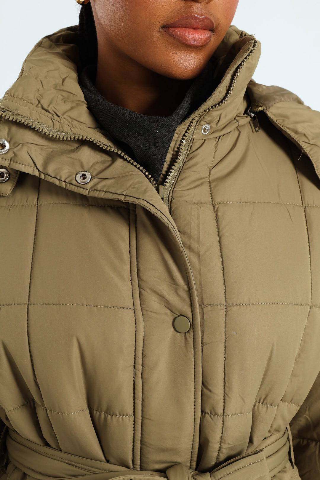 Long Length Belted Padded Puffer Jacket - Green