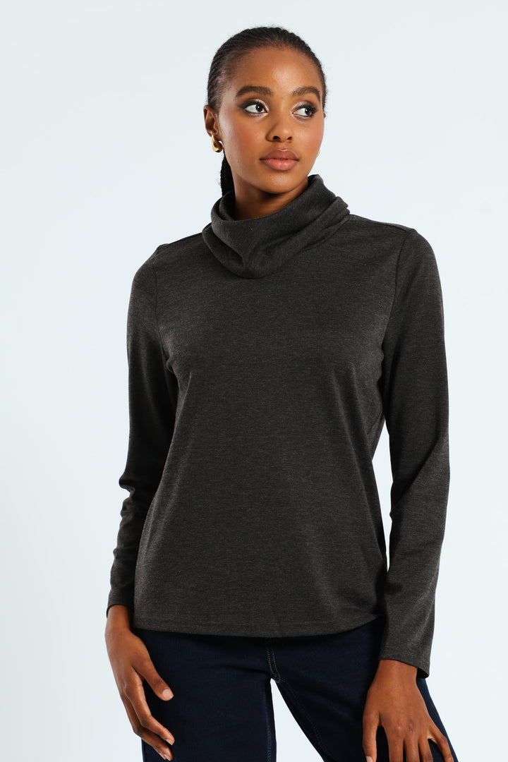 Long Sleeve Roll Neck Ponti Top - Charcoal Melange