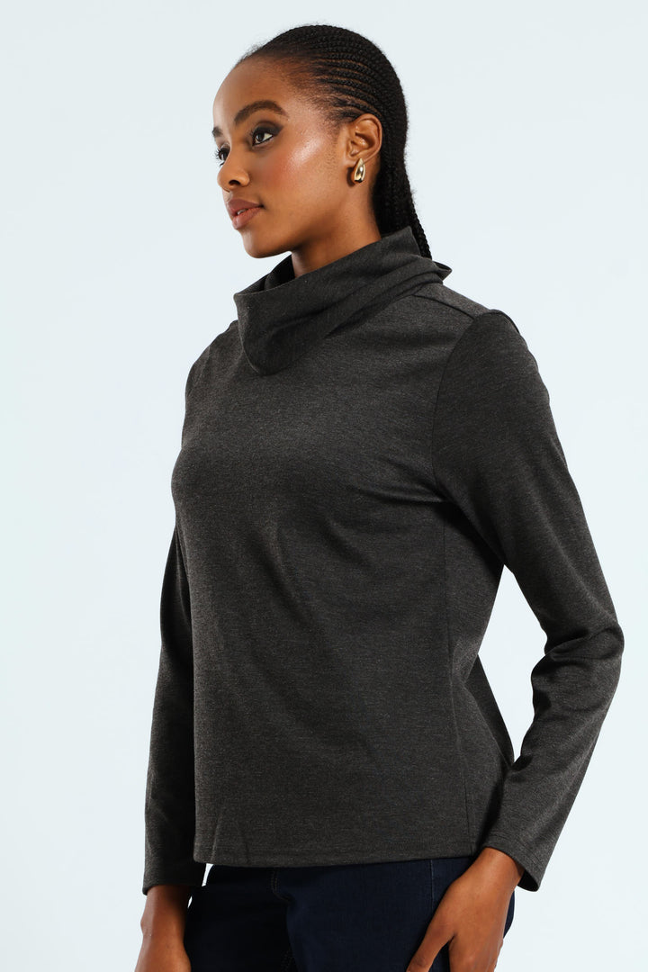 Long Sleeve Roll Neck Ponti Top - Charcoal Melange