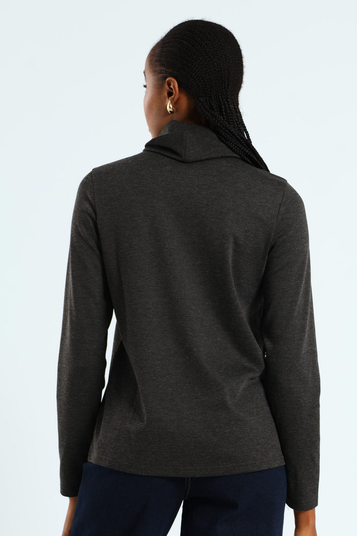 Long Sleeve Roll Neck Ponti Top - Charcoal Melange