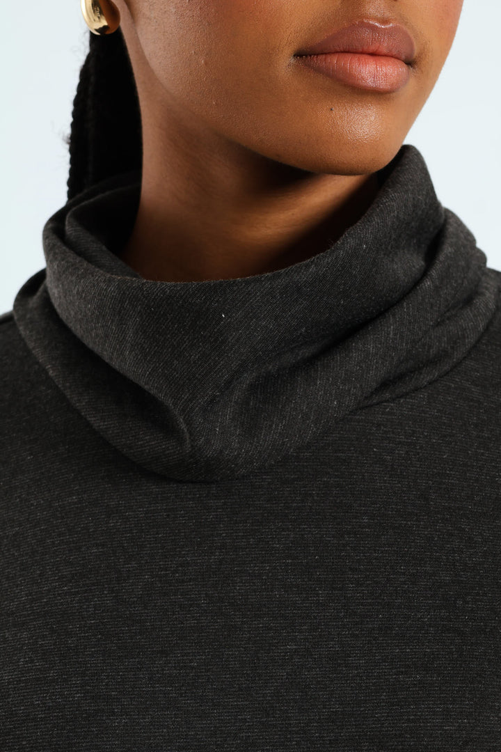 Long Sleeve Roll Neck Ponti Top - Charcoal Melange