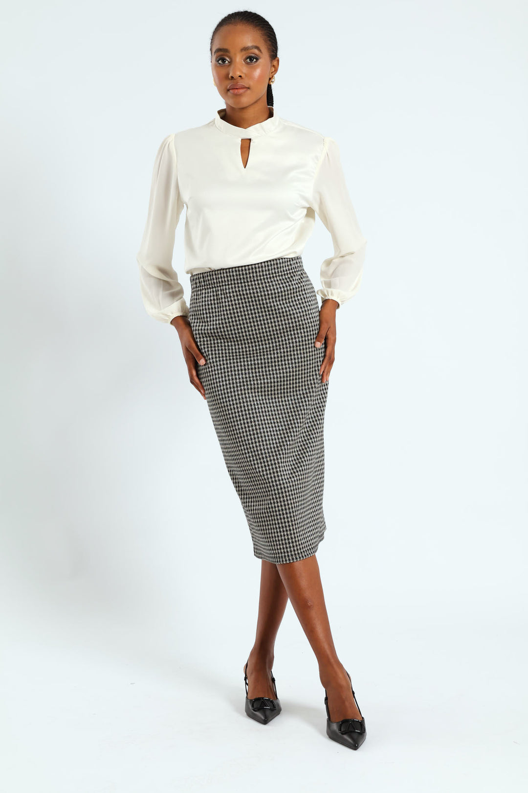Houndstooth Metallic Pencil Midi Skirt - Black/Cream
