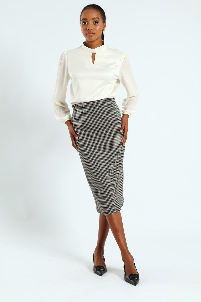 Houndstooth Metallic Pencil Midi Skirt - Black/Cream