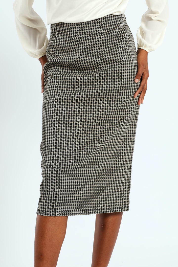 Houndstooth Metallic Pencil Midi Skirt - Black/Cream
