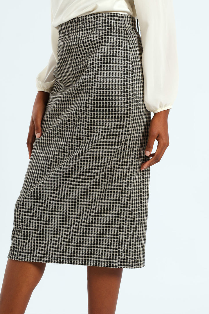 Houndstooth Metallic Pencil Midi Skirt - Black/Cream