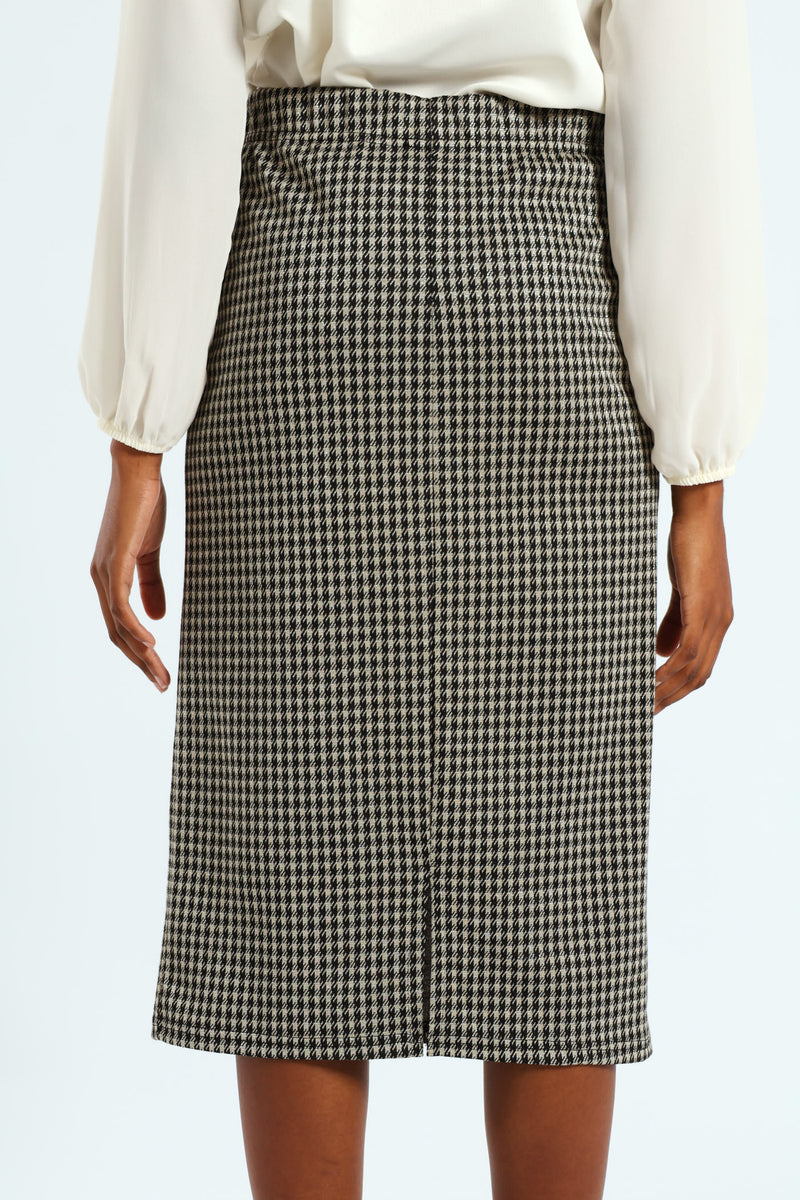 Houndstooth Metallic Pencil Midi Skirt - Black/Cream