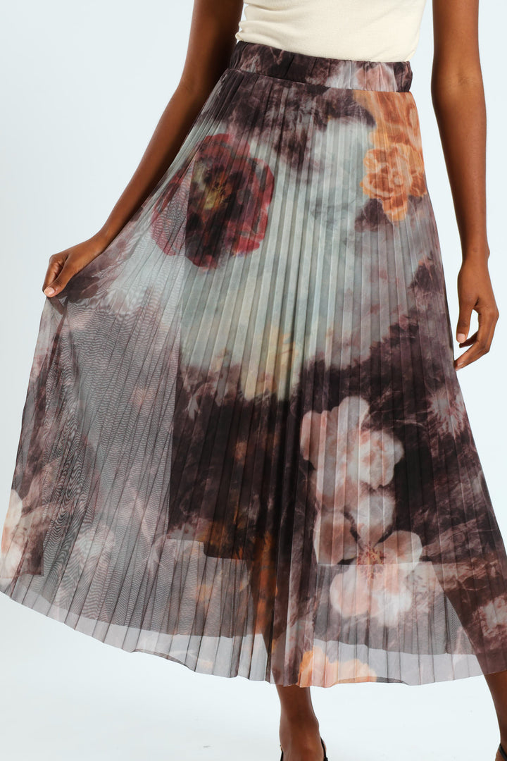 Abstract Pleated Mesh Midi Skirt - Pink