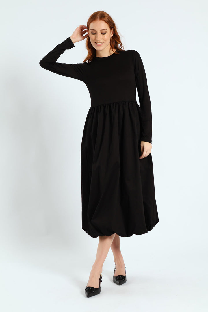 Long Sleeve Combo Bubble Hem Midaxi Dress - Black