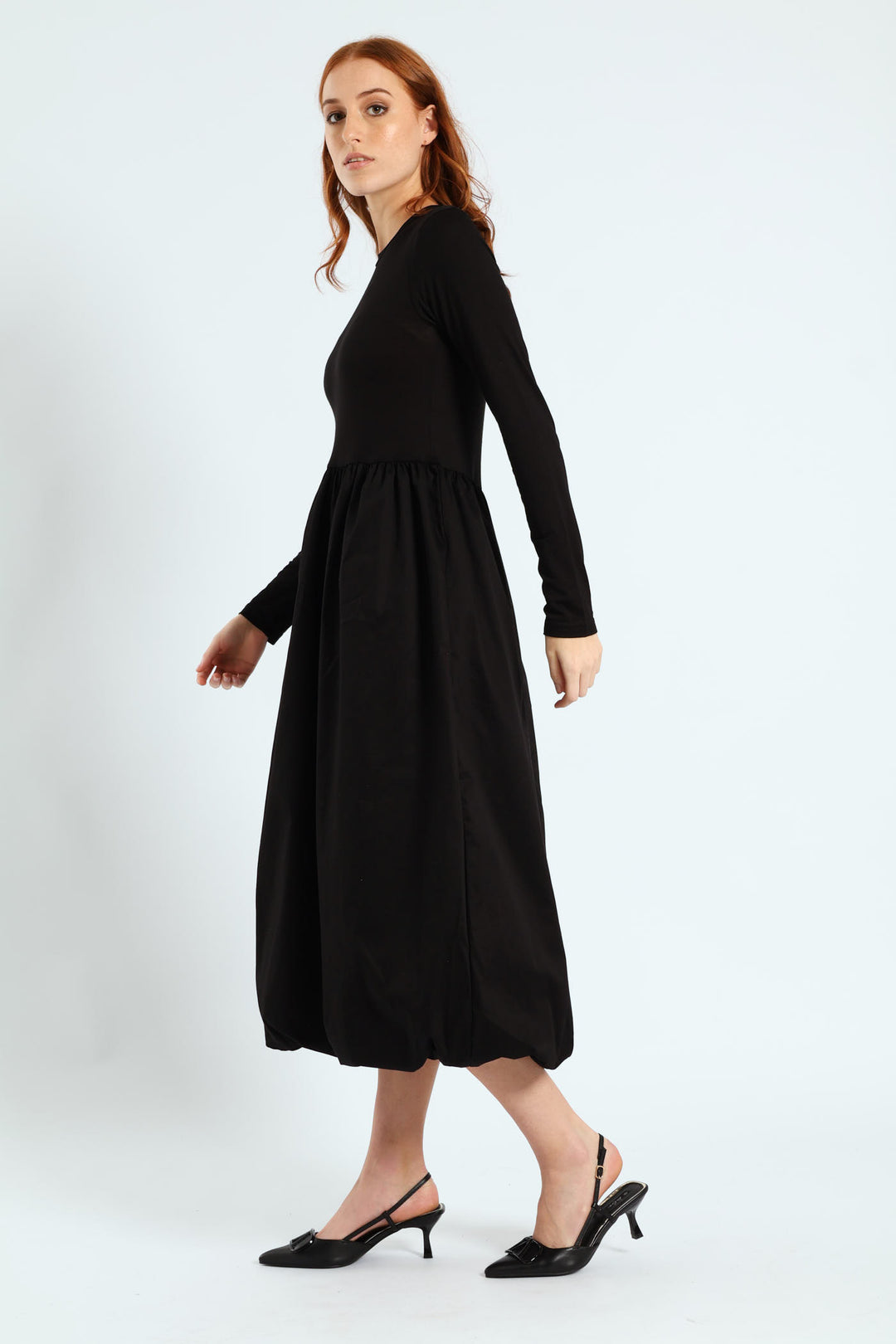 Long Sleeve Combo Bubble Hem Midaxi Dress - Black