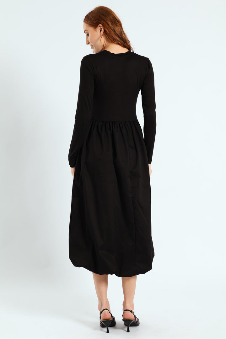 Long Sleeve Combo Bubble Hem Midaxi Dress - Black