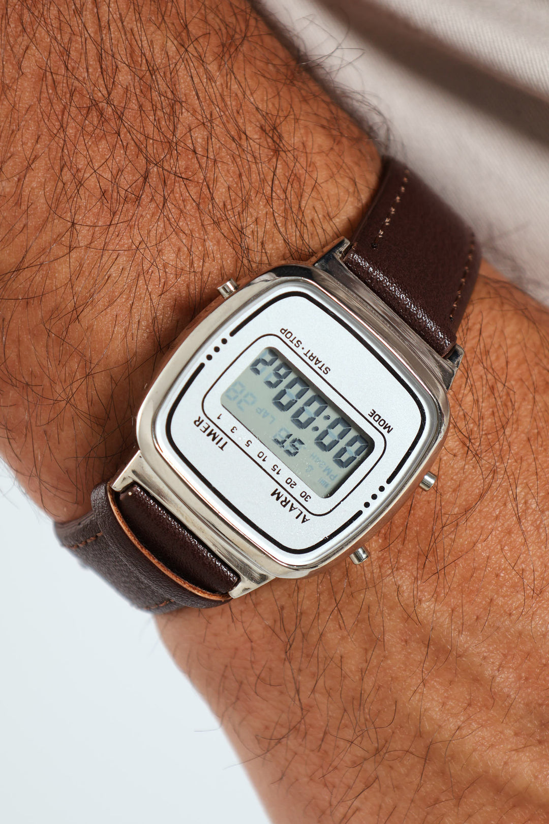 Leather Silver Digital Watch - Brown