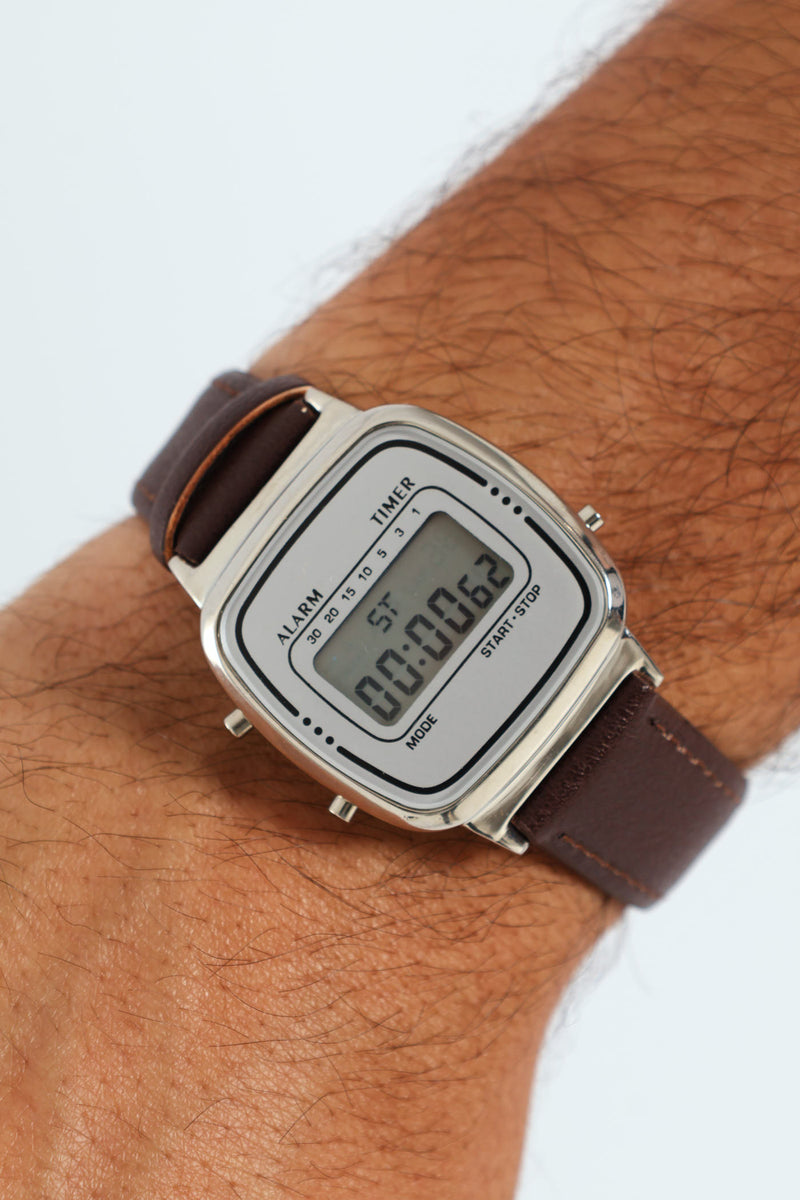 Leather Silver Digital Watch - Brown