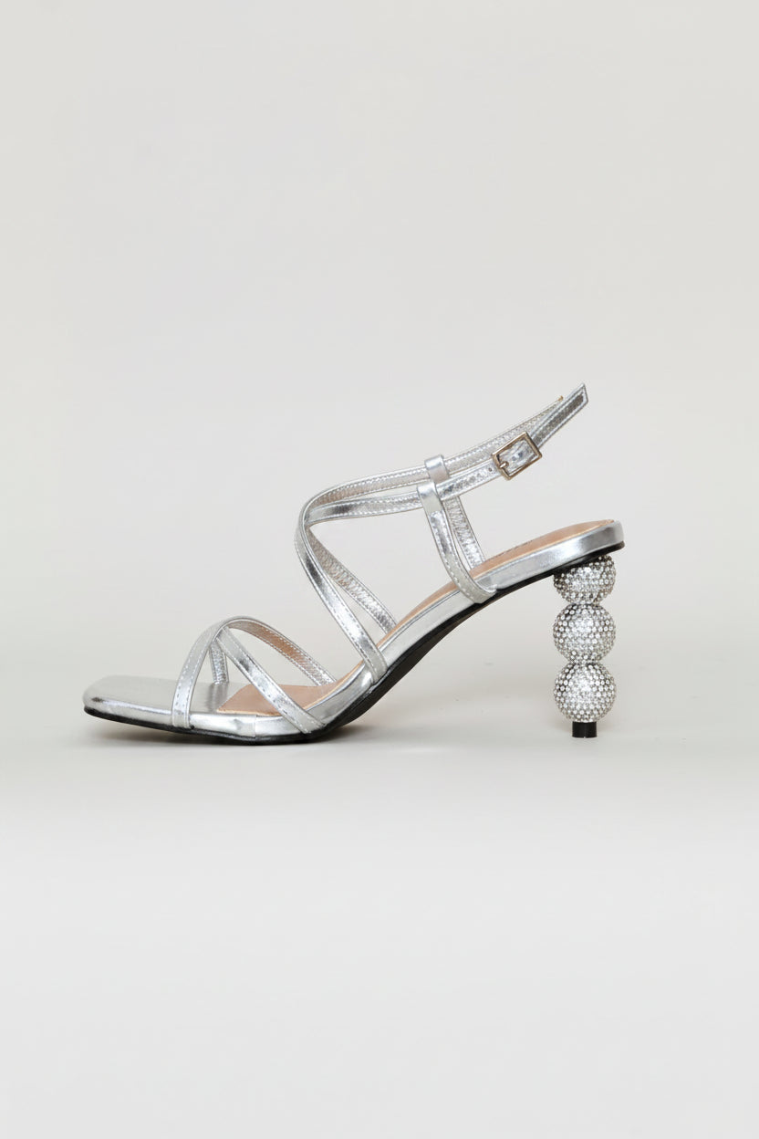 Diamante Triple Multistrap Sandal Heel - Silver