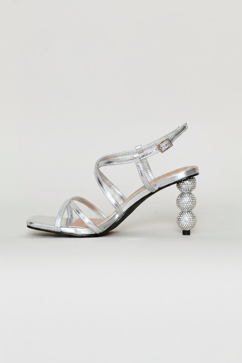Diamante Triple Multistrap Sandal Heel - Silver