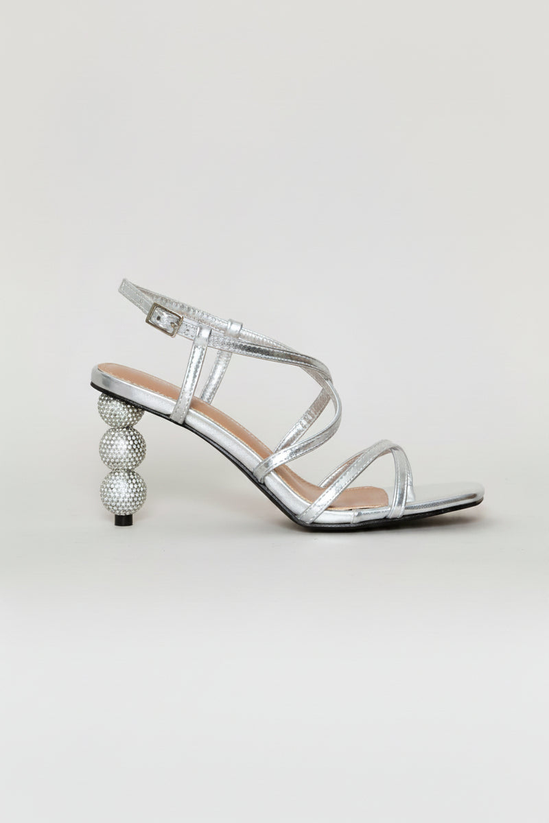 Diamante Triple Multistrap Sandal Heel - Silver