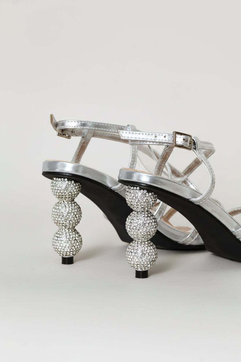 Diamante Triple Multistrap Sandal Heel - Silver