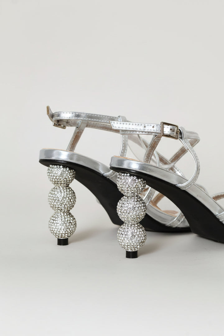 Diamante Triple Multistrap Sandal Heel - Silver