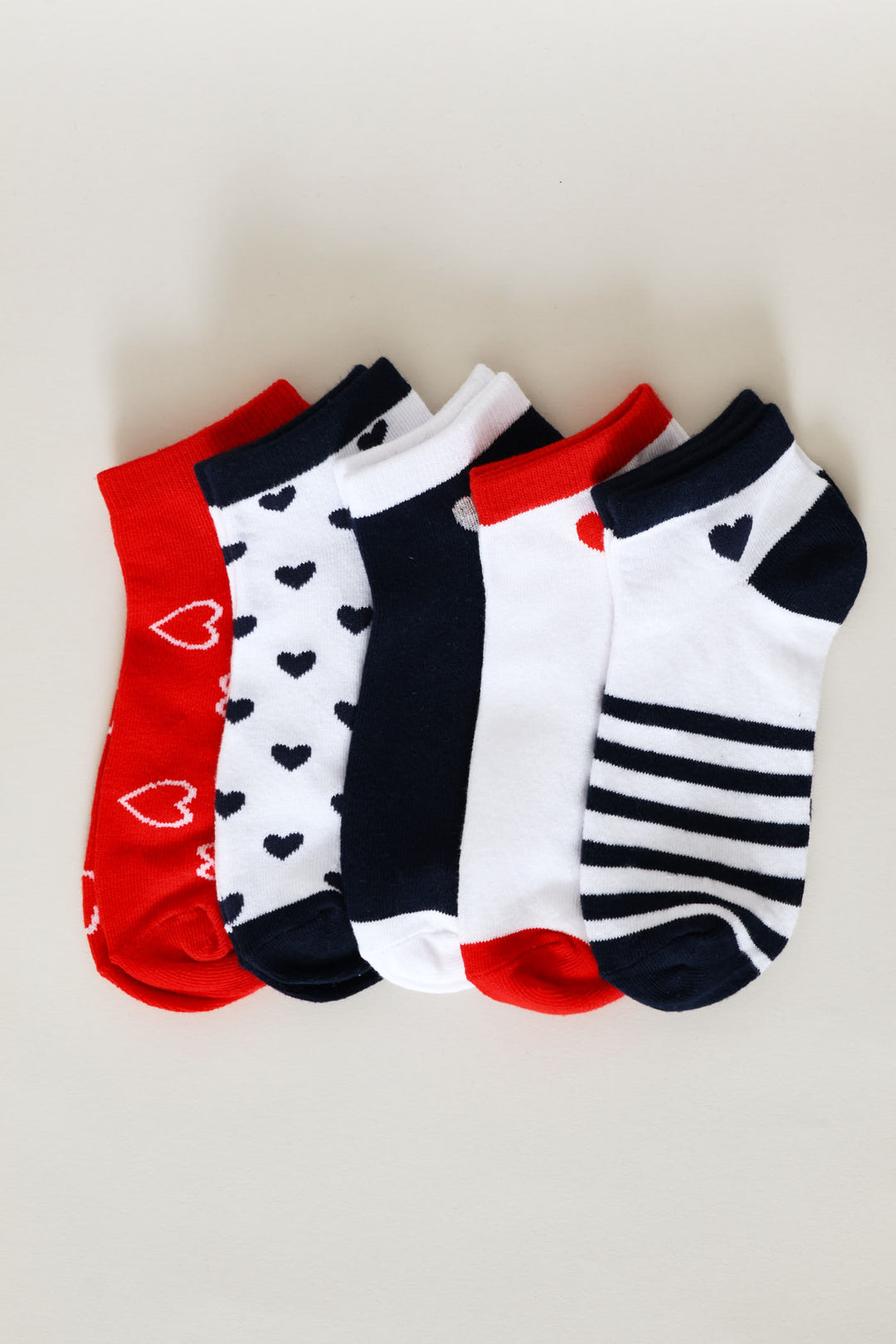 5 Pack Heart & Nautical Low Cut Socks - Red