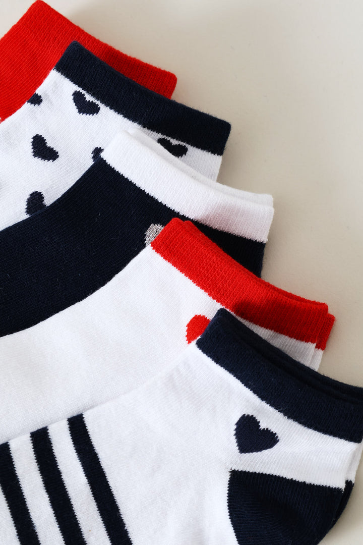 5 Pack Heart & Nautical Low Cut Socks - Red