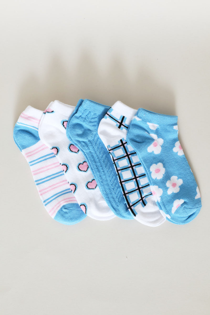 Pre-Girls 5 Pack Floral Stripe Low Cut Socks - Blue