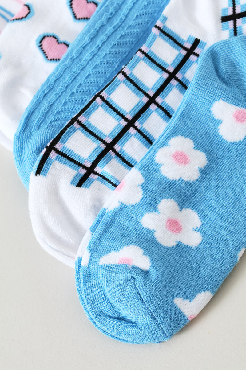 Pre-Girls 5 Pack Floral Stripe Low Cut Socks - Blue