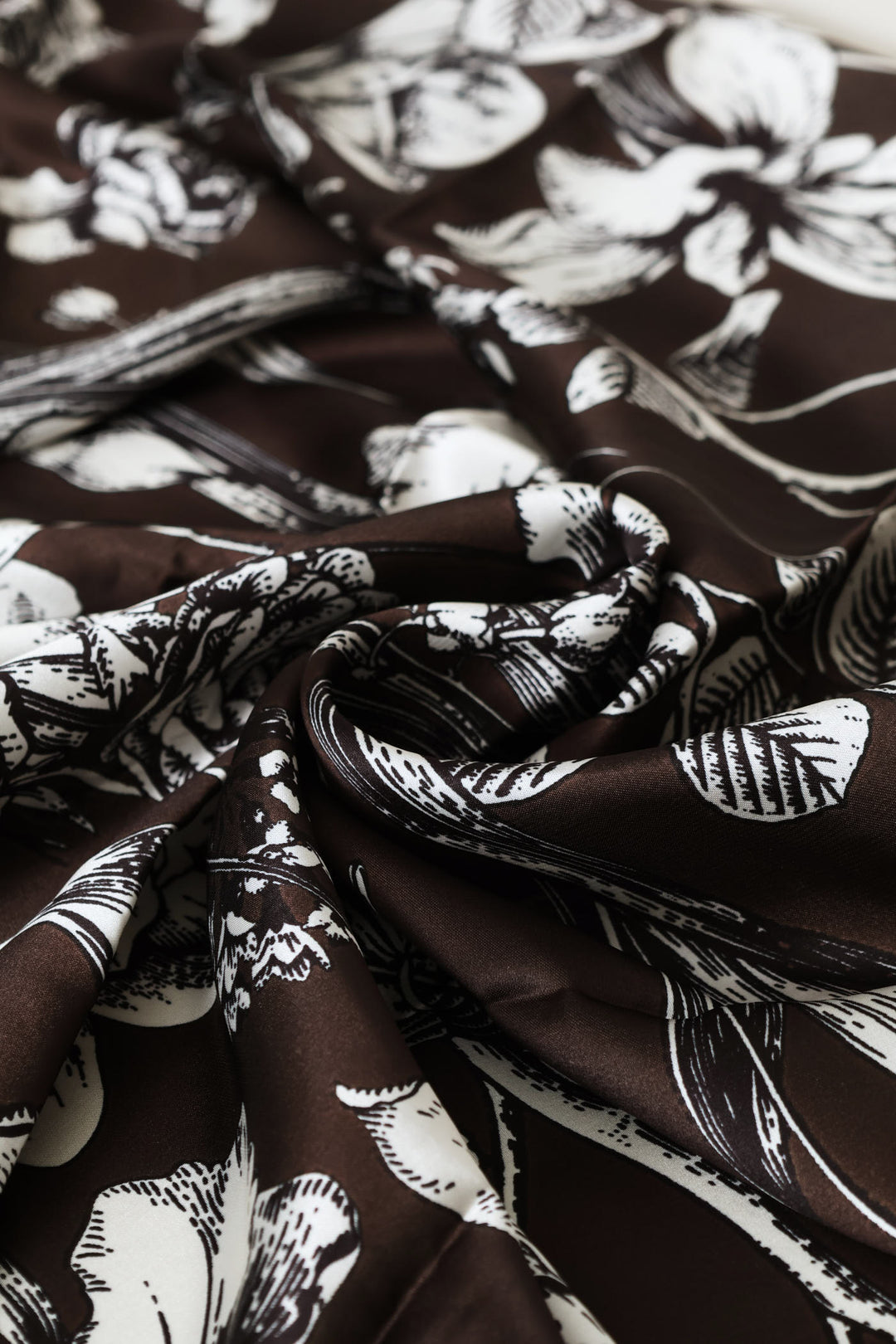 Floral Print Border Satin Feel Scarf - Chocolate