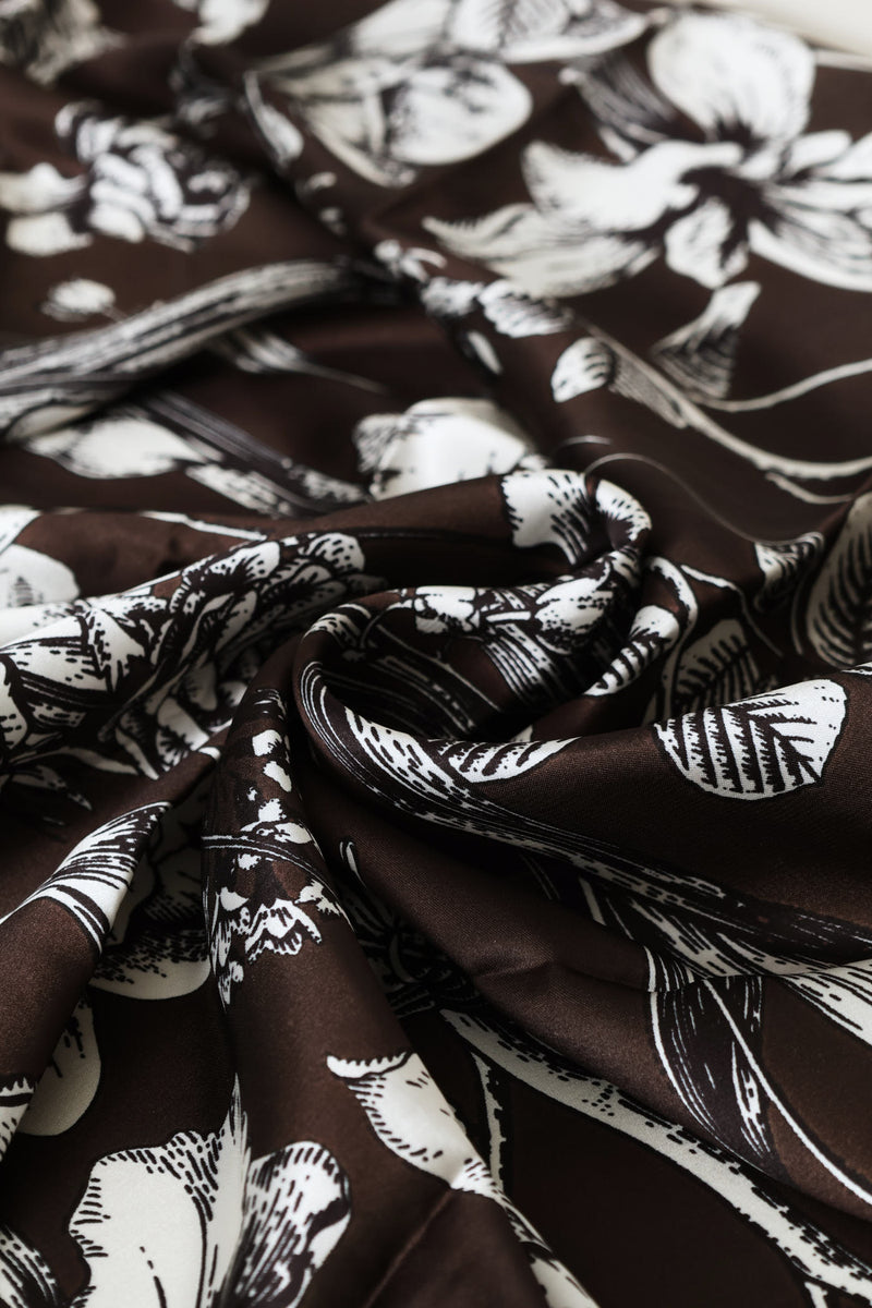 Floral Print Border Satin Feel Scarf - Chocolate