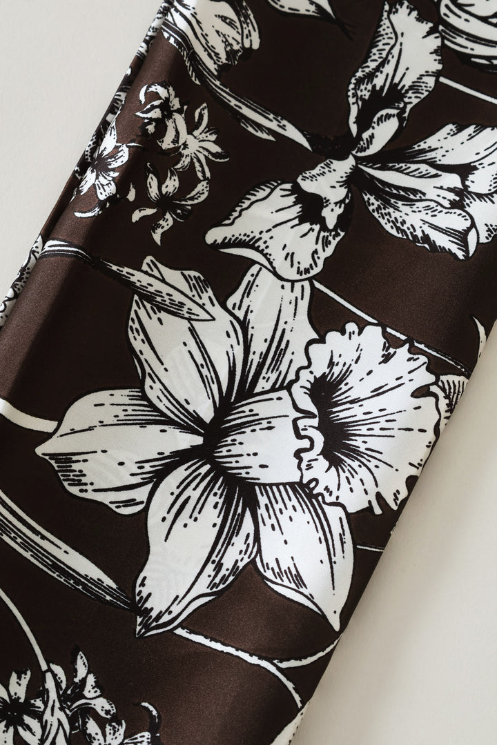Floral Print Border Satin Feel Scarf - Chocolate