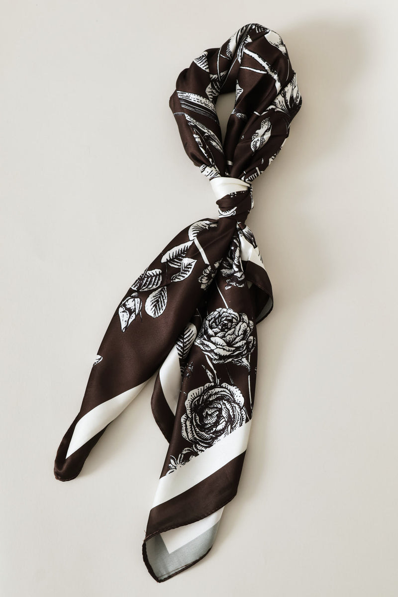 Floral Print Border Satin Feel Scarf - Chocolate