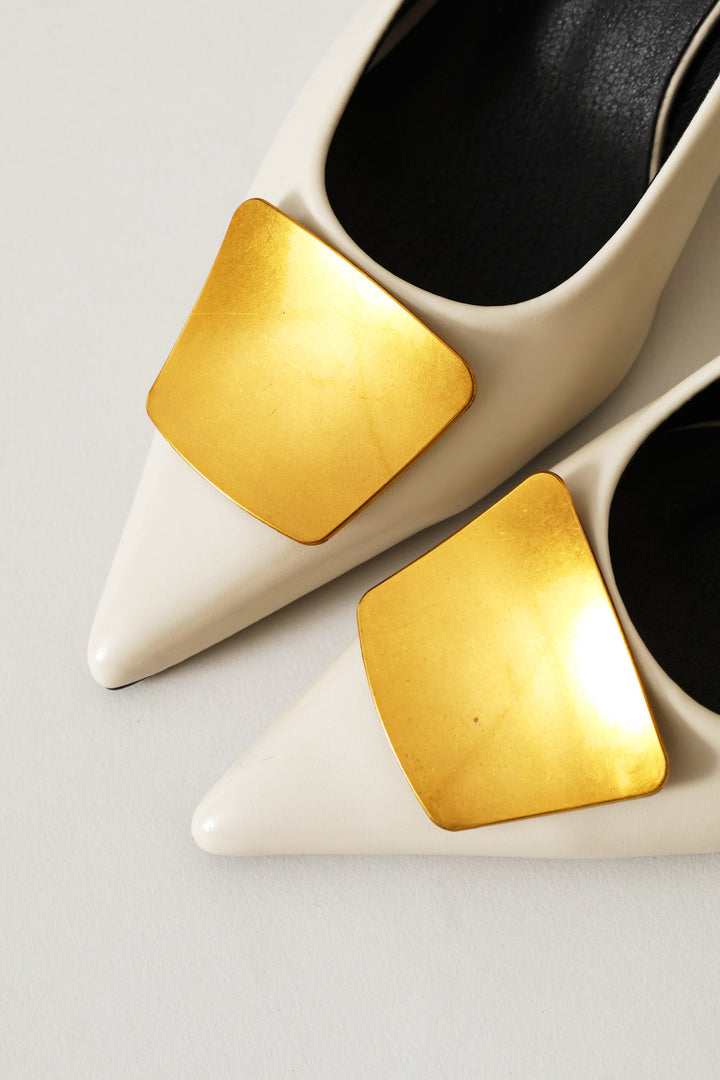 Metal Trim Court Kitten Heel - Stone