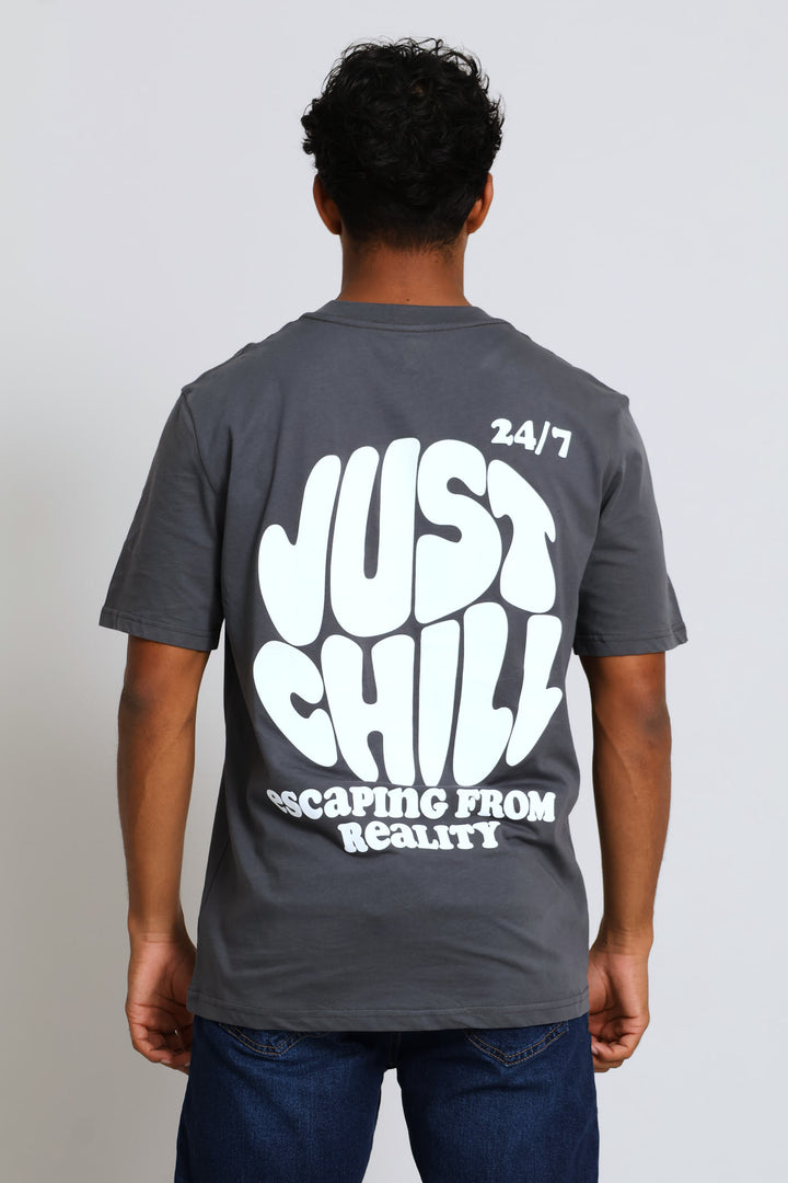 Just Chill Front & Back Print Tee - Dark Grey