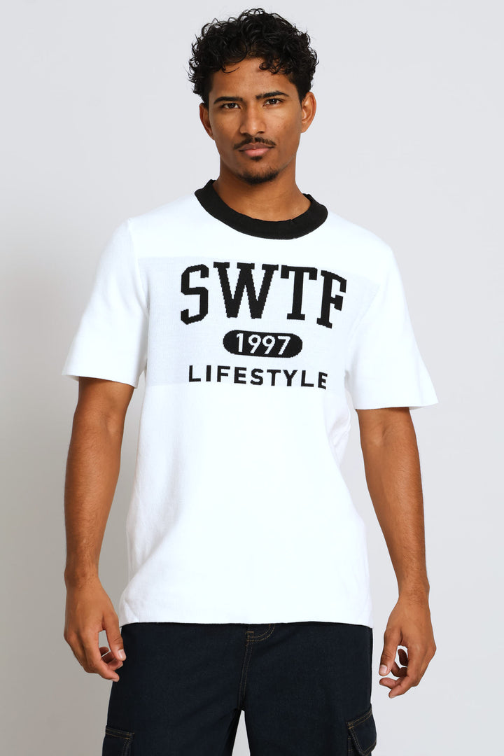 Contrast Knit Tee - White