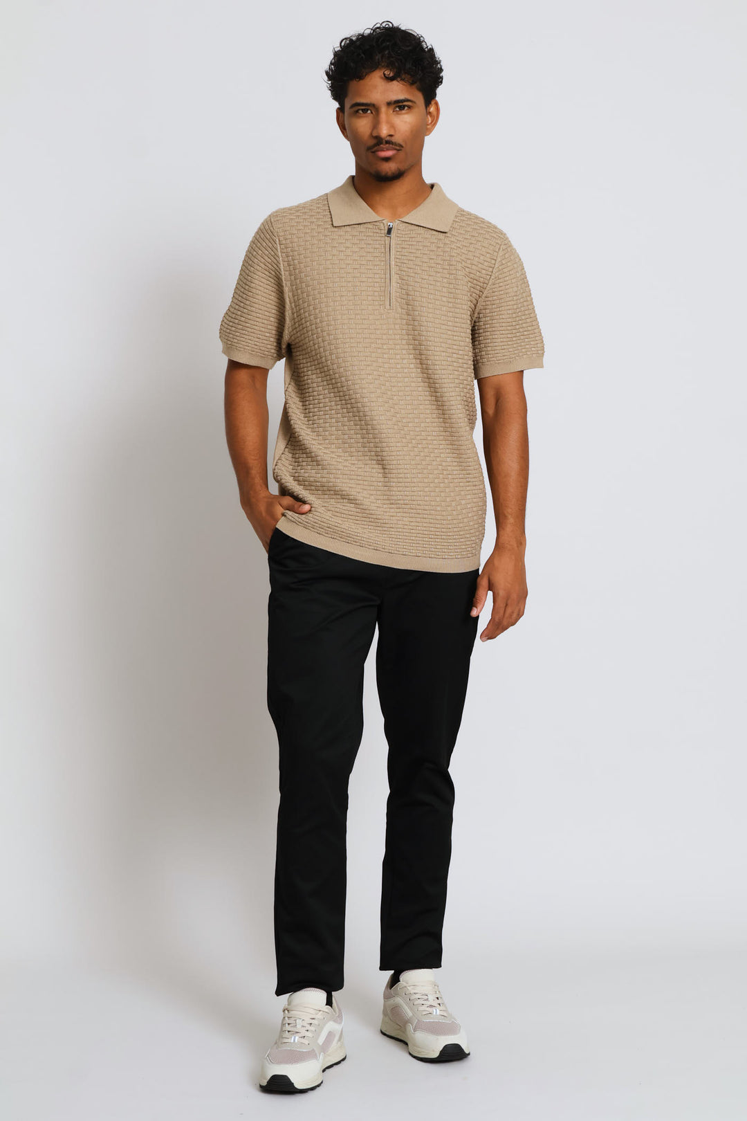Geometric Weave Textured Quarter Zip Knit Golfer - Taupe