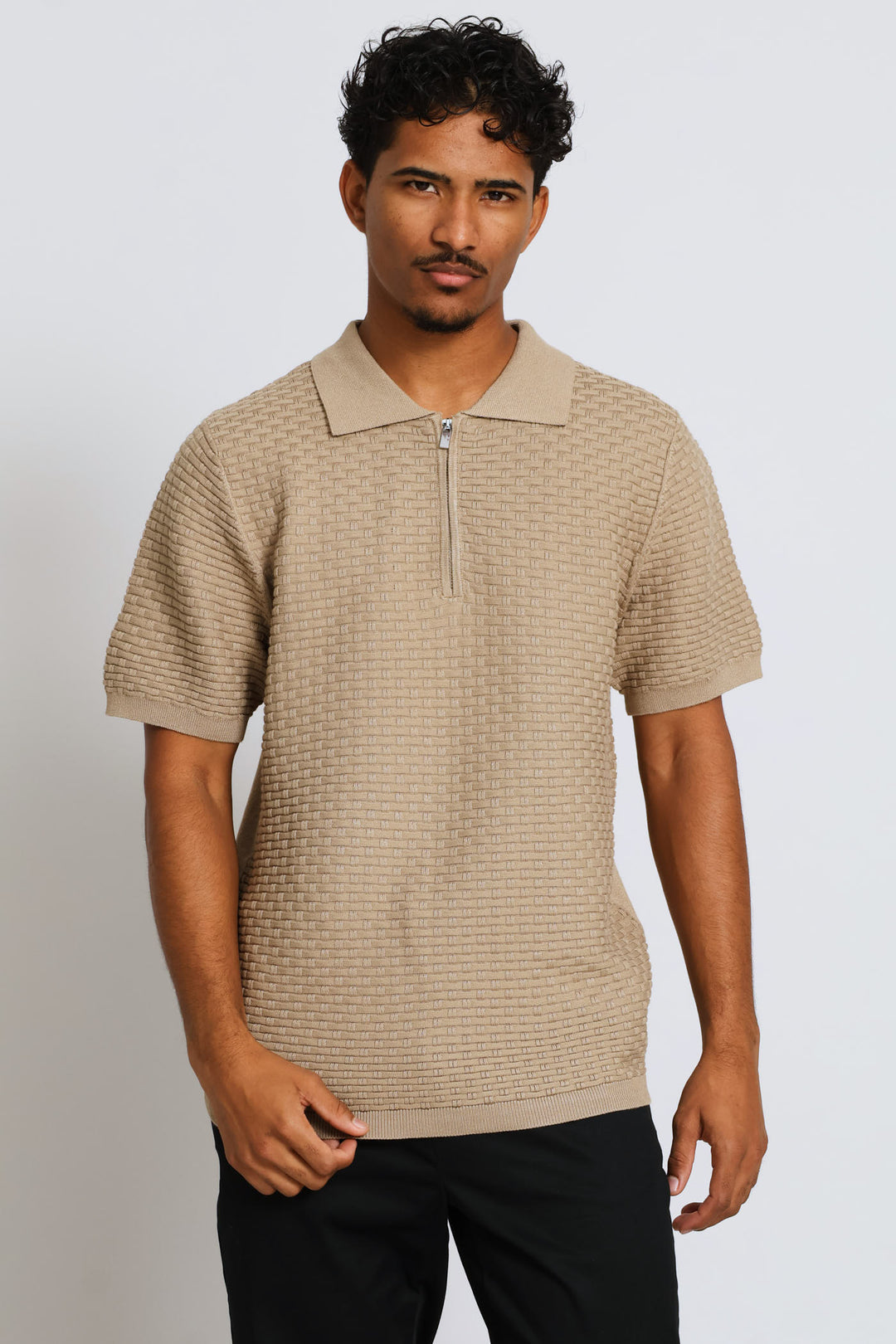 Geometric Weave Textured Quarter Zip Knit Golfer - Taupe