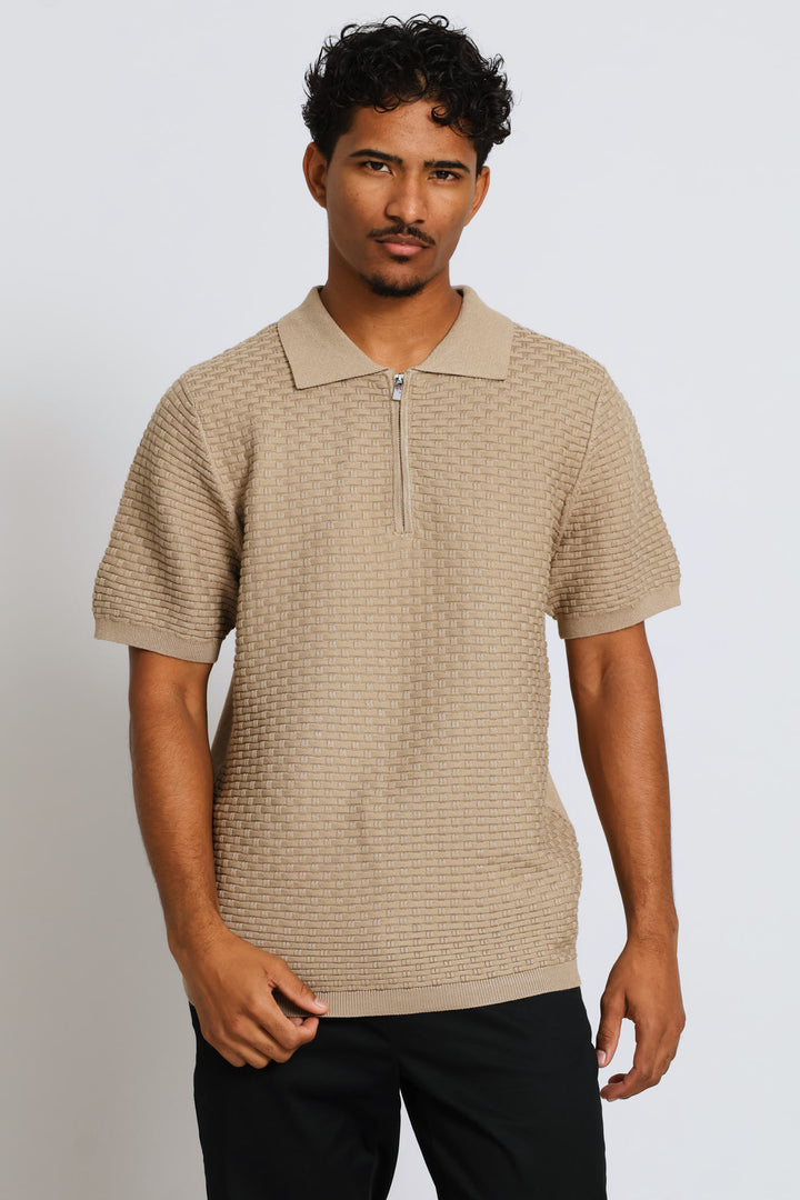 Geometric Weave Textured Quarter Zip Knit Golfer - Taupe