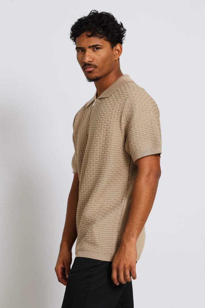 Geometric Weave Textured Quarter Zip Knit Golfer - Taupe