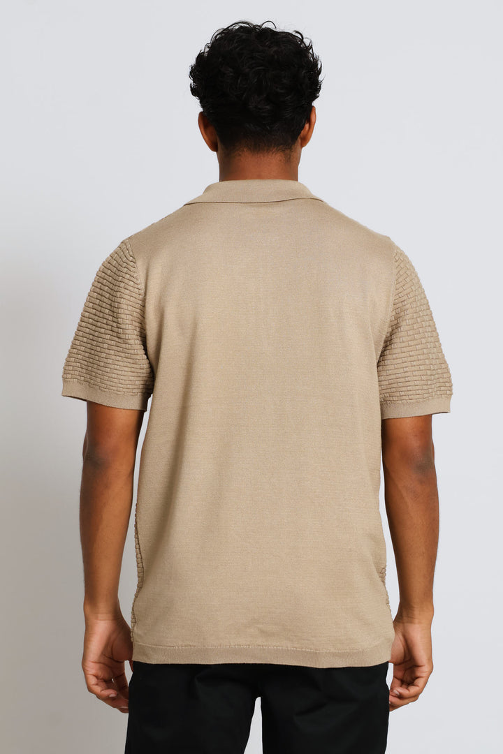Geometric Weave Textured Quarter Zip Knit Golfer - Taupe