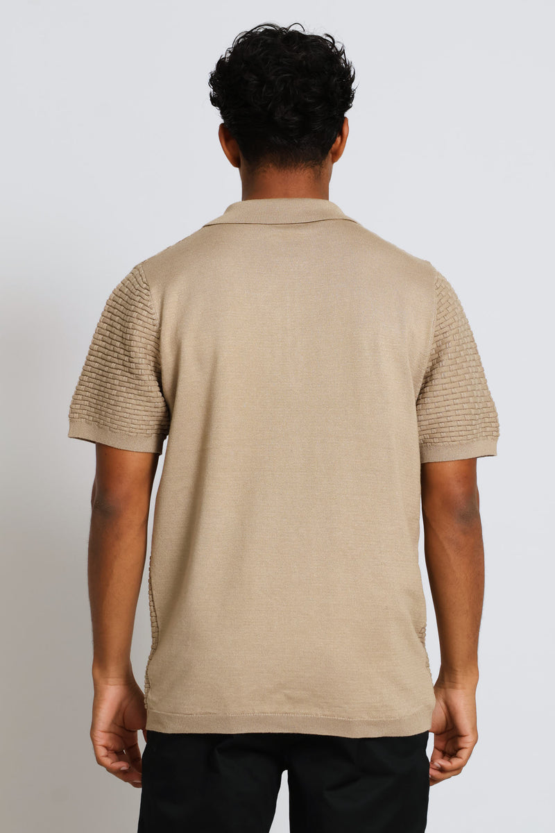 Geometric Weave Textured Quarter Zip Knit Golfer - Taupe