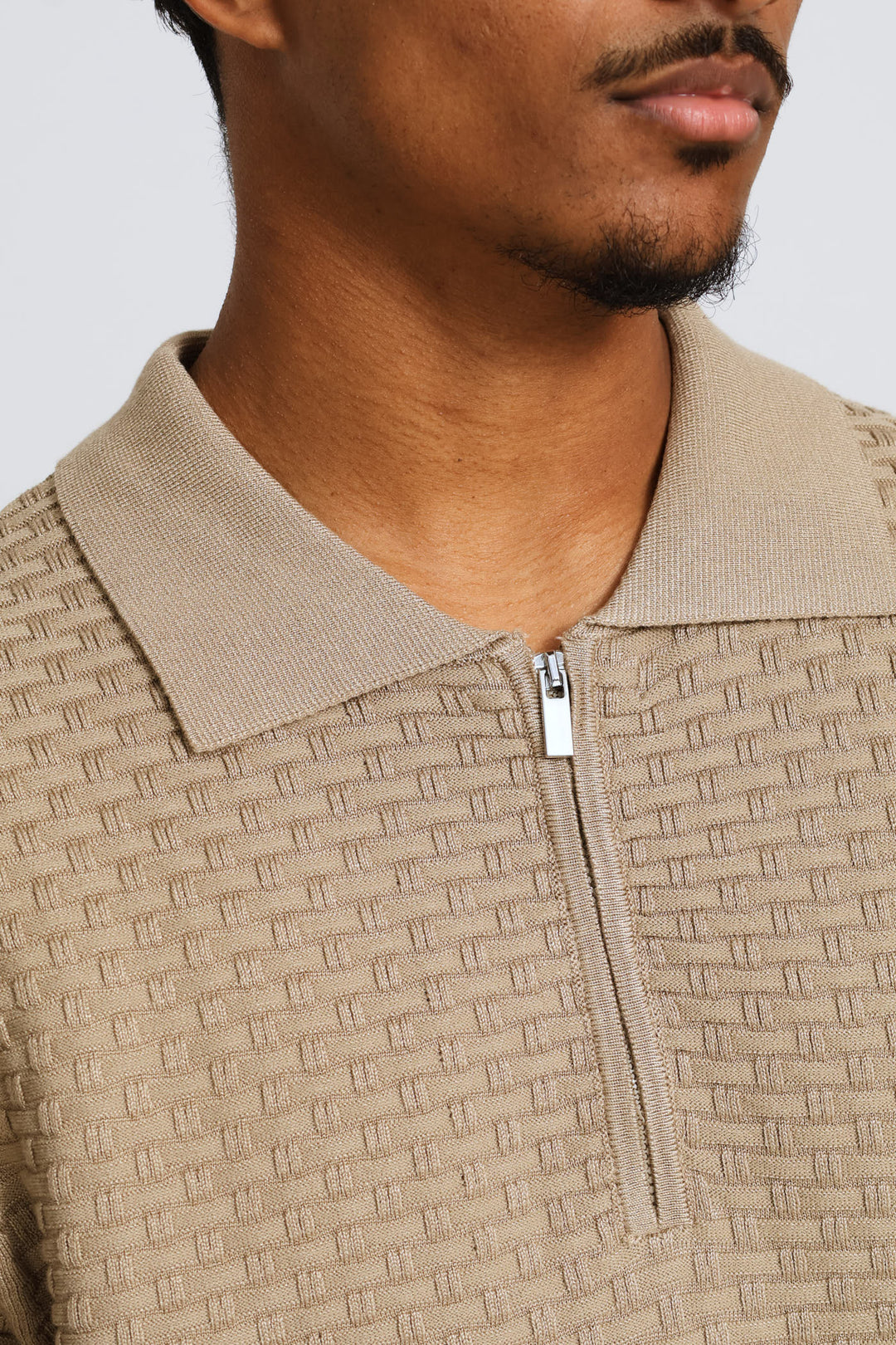 Geometric Weave Textured Quarter Zip Knit Golfer - Taupe