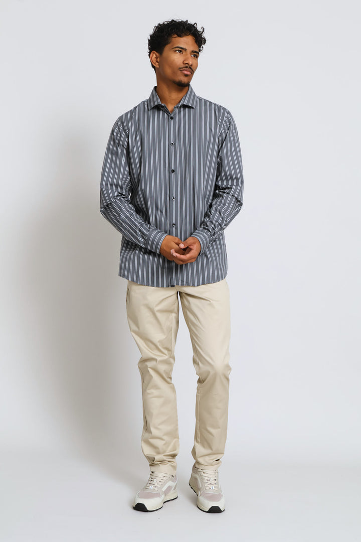 Long Sleeve Stripe Printed Shirt - Charcoal