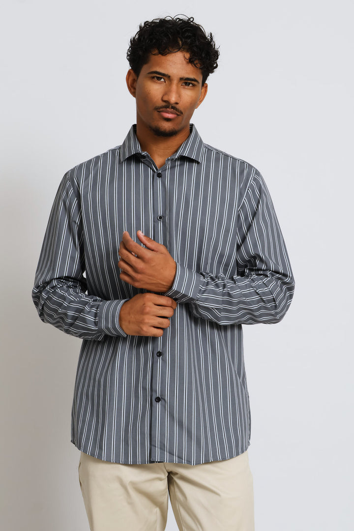 Long Sleeve Stripe Printed Shirt - Charcoal
