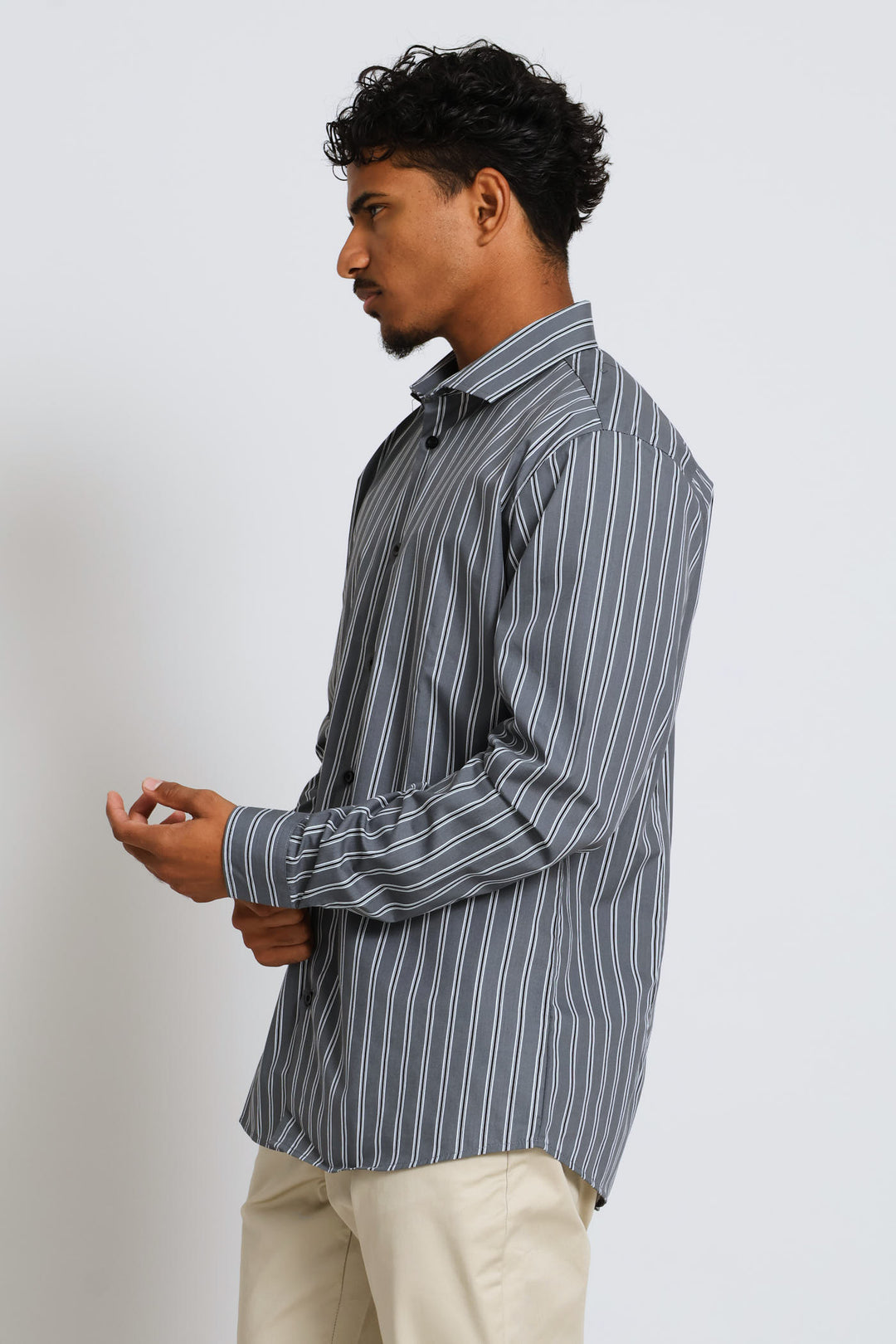 Long Sleeve Stripe Printed Shirt - Charcoal